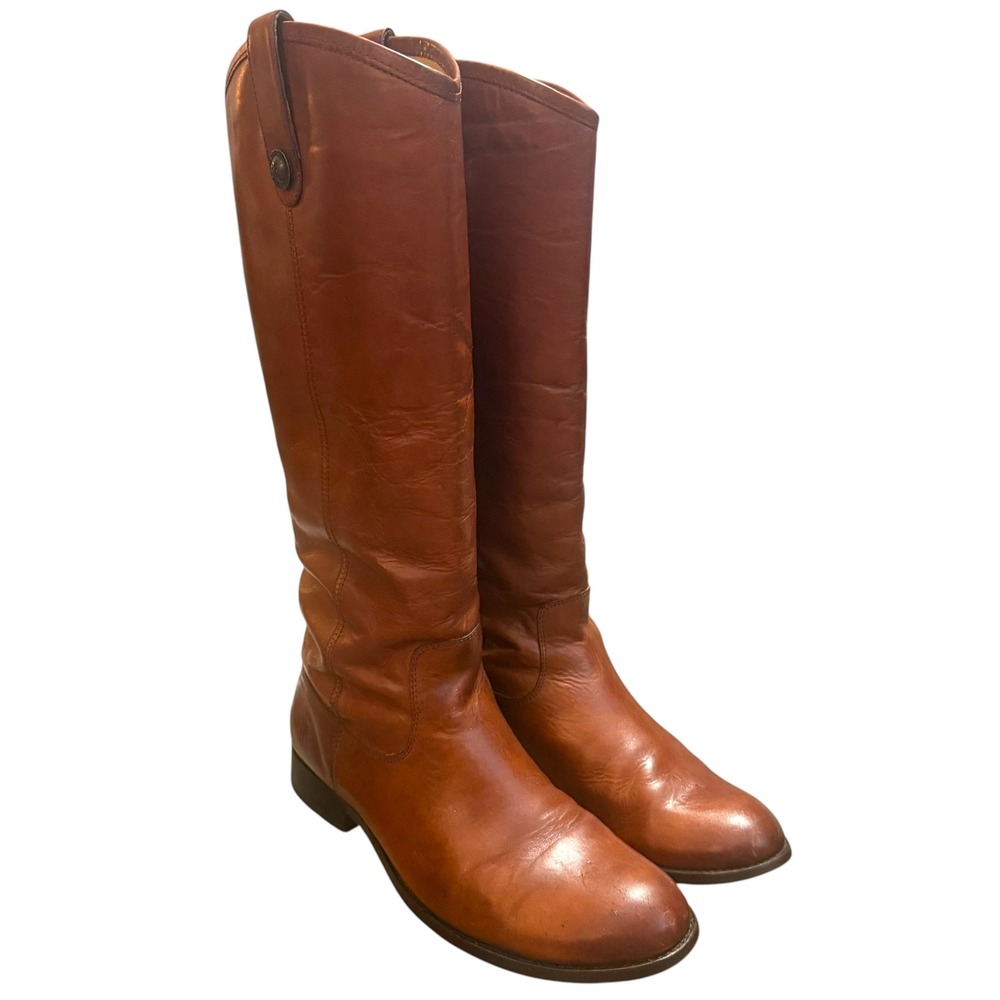 Frye Melissa Button Extended Calf Cognac Brown Leather Riding Boots 8.5B
